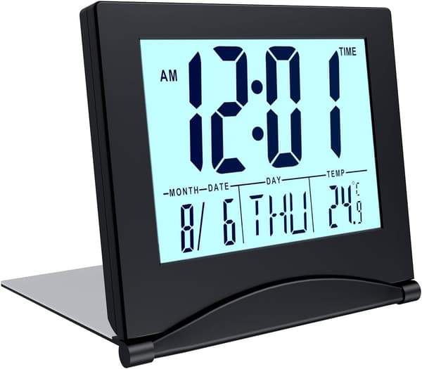 Digital Clock LCD Travel Alarm Clock Foldable - Digital Alarm Clock for Table - Battery Operated Desk Clock - Black-FS- Black