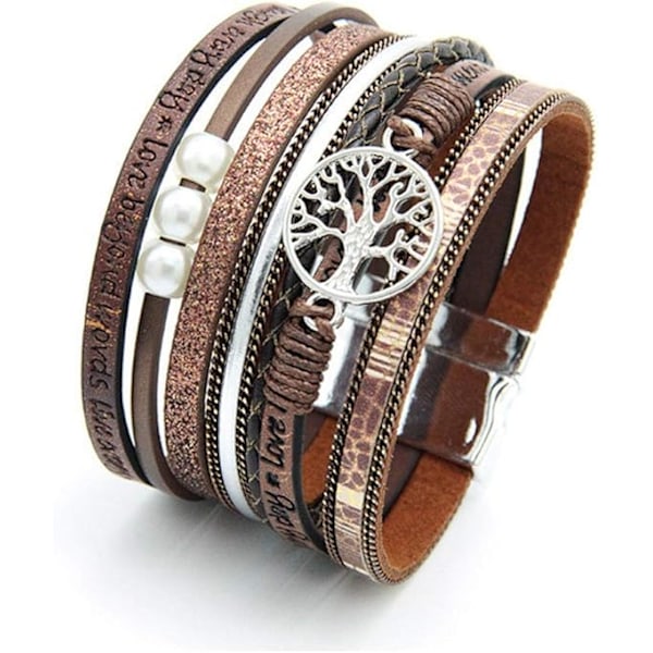 Kvinde & Pige Livets Træ Læderarmbånd Multi-Layer Wrap