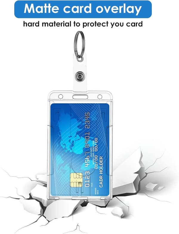 ID Card Holders with Keychain, 2 Pack, Durable Transparent Card Protectors, Thumb Slot, Vertical