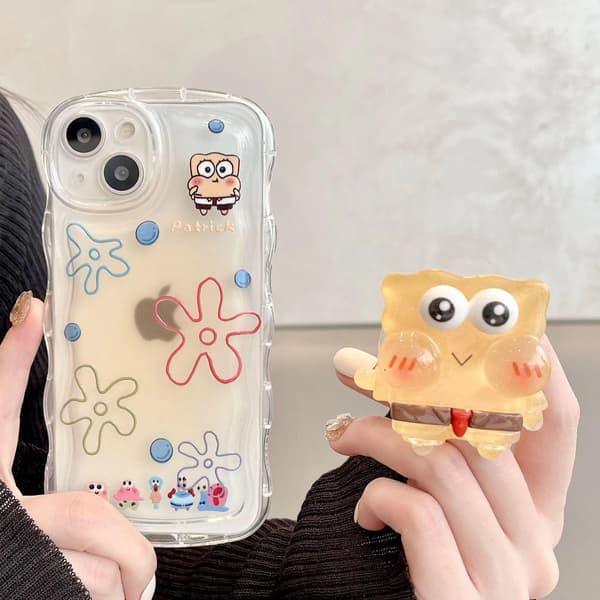 Compatible Cute Case for iPhone Kawaii with Stand and Pendant Cartoon Transparent Soft TPU Phone Case Spongebob Spongebob