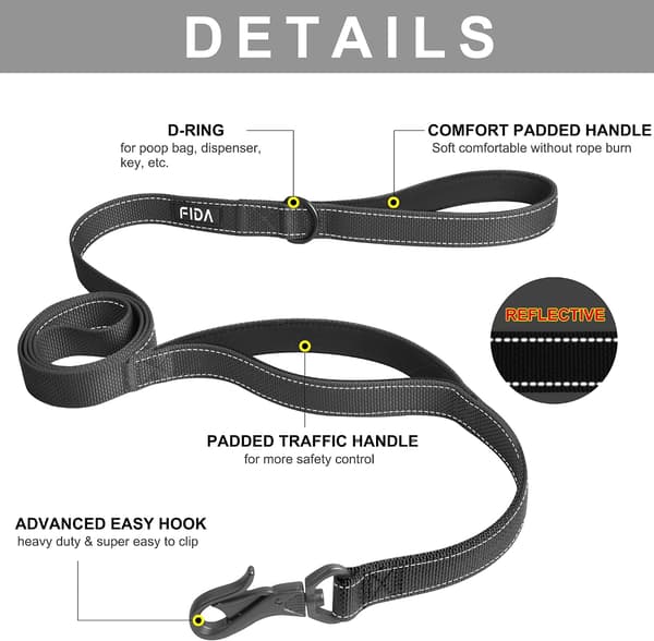 1,8 m Heavy Duty Dog Leash with 2 Comfortable Padded Handles, Traffic Handle & Reflective Leash Line for Large, Medium & S Black1.8 m Black6FT