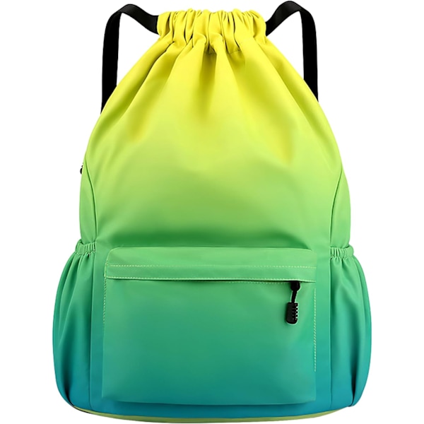 Drawstring Bag, Large Drawstring Bags with Mesh Pockets, Waterproof Nylon Drawstring Bag, Drawstring Gym Bag-FS- Yellow Green