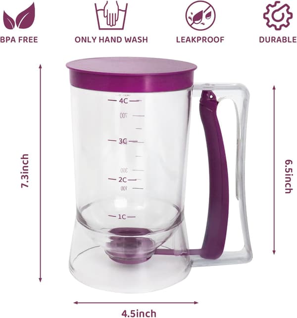 Pancake Batter Dispenser, an Essential Kitchen Tool for Perfect Pancakes, Cupcakes, Waffles, Cakes, and Crepes, with a Measuring Scale.