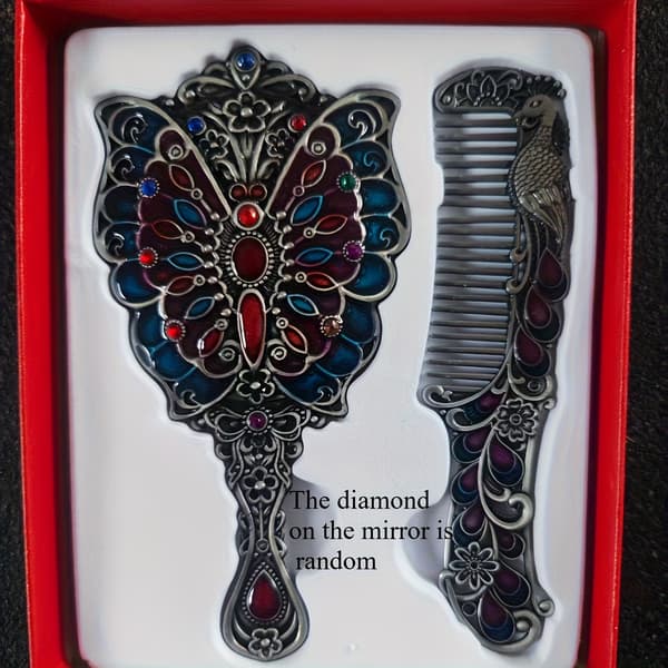 Vintage messinkinen käsipeili ja kampasetti eläinteemalla Butterfly Bronz