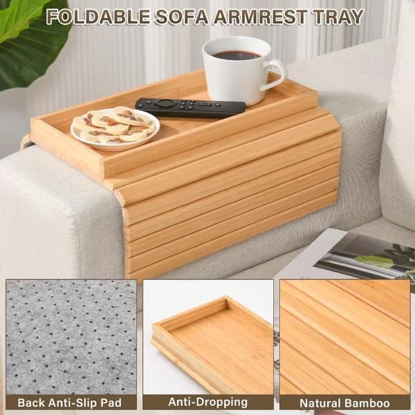 Hopfällbar armbricka för soffa med mugghållare och halkfri dyna, plast, ingen montering Natural