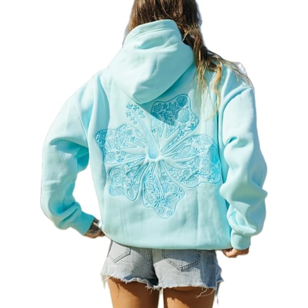 Palm Puff Oversized Hættetrøjer til Kvinder, Teenagepiger Preppy Sweatshirt Langærmet Y2K Grafisk T-shirt med Lommer Lyseblå Light Blue XL