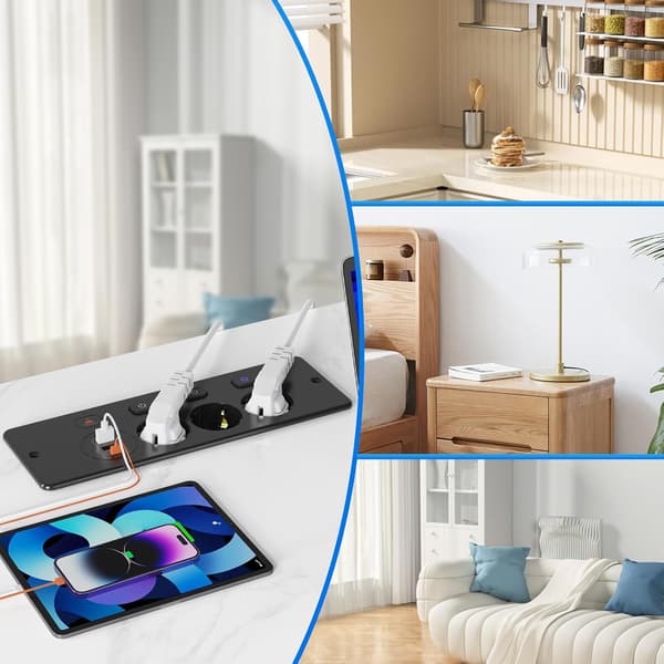 Indfældet stikdåse - 3-vejs med 2 USB, bordstikdåse med 2 USB C, 3 afbrydere, 2 m kabel-FS- black