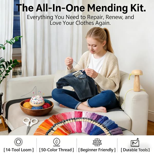 Complete Darning Loom With 14 Hooks, Premium Darning Mushroom, Full Darning Kit For Repairing Socks, Sweaters, Jeans, Includes 50 Colors Thread, Needles