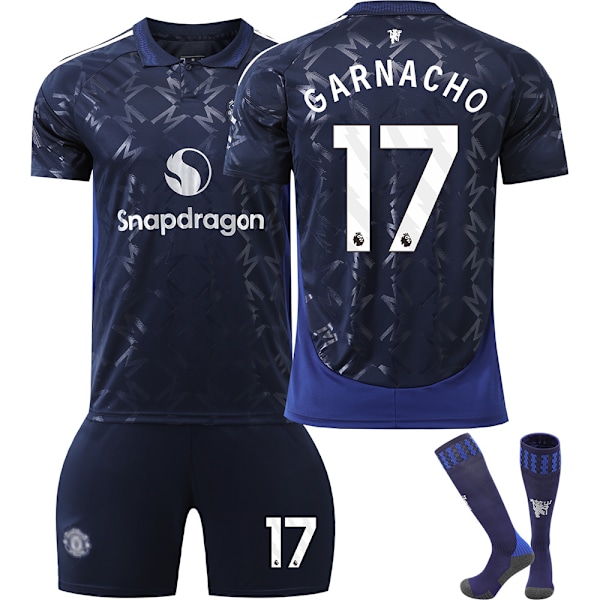 Manchester United 2024-2025 bortedrakt for barn, fotballdraktsett NO.17 Garnacho-Xin 18