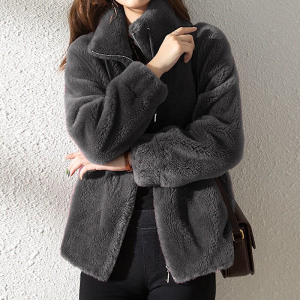 Dam Fleece Fluffig Teddy Bear Kappa Enkel Ficka Jacka Ytterkläder Grå-FS2- Grå 2XL