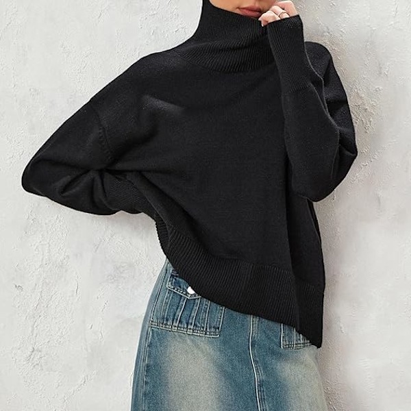 Dame sweater med rullekrave, strikket sweater, oversized sweater med lange flagermusærmer