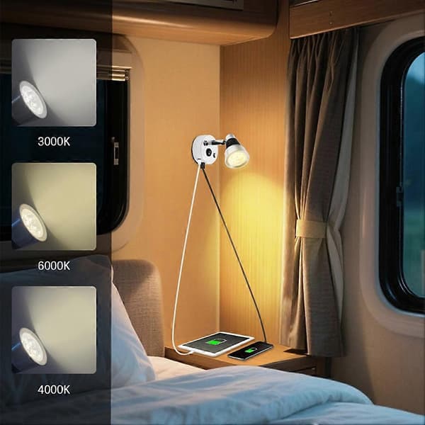 12V LED Wall Lamp for Versatile Indoor Lighting in Black and Silver with USB-A and USB-C Switch 3000-3500K