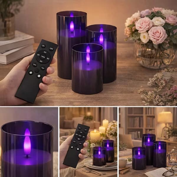 Flammefrie LED-lys med fjernkontroll, timer og dimming for borddekorasjon 6pc BlkPurp+Rem