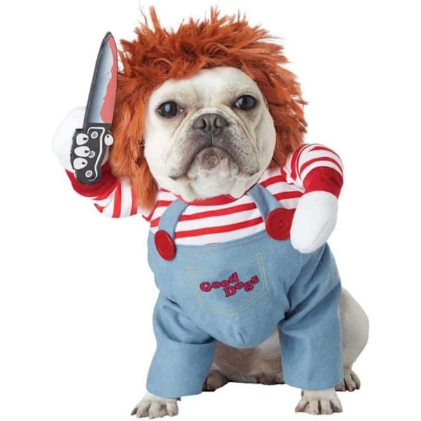 Dödsdocka kostym för hundar läskig Halloween cosplay Chucky docka hund kostym bära hatt rolig fest jul kläder lämplig för stora och små hundar