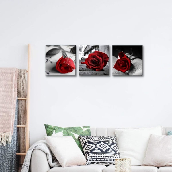 Print 3 delar Svart och vit röd ros Canvaskonstmålning Abstrakt väggkonstprydnad Blommorbilder