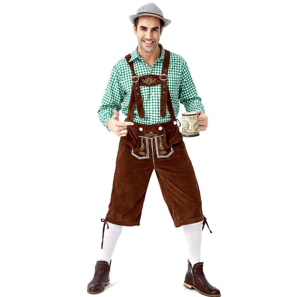 Tysk Oktoberfest Kostume Mænd | Ternede Skjorte med Broderede Seler & Hat*Grå hat*M Grå hat Grå hat