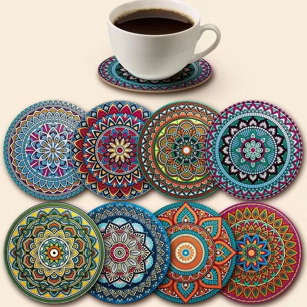 Træ Mandala Coaster Sæt 8 stk. 10x10cm til Hjemmebar Kontor 10x10cm