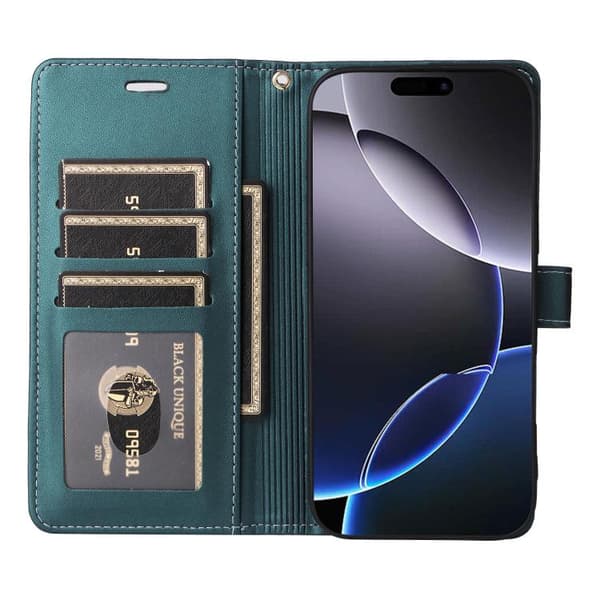 iPhone 17 Pro Max Leather Case with Six Card Slots and Strap Grön