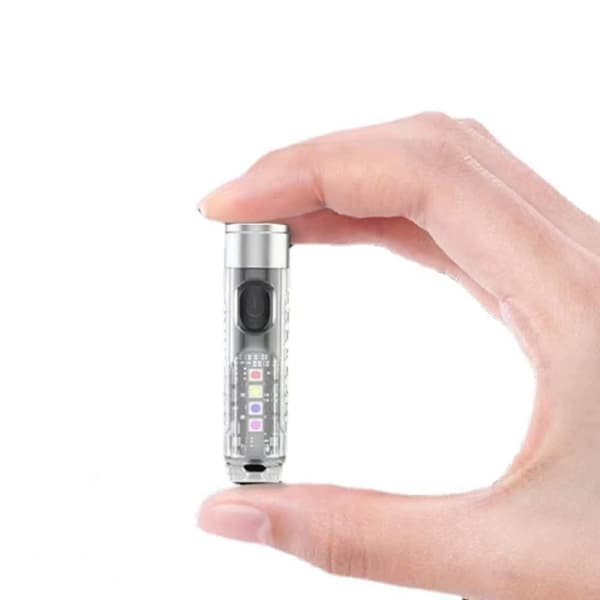 Mini LED Flashlight 400 Lumen Keychain Flashlight USB Rechargeable Mini Lamp with Side Light UV/White/Red/Blue-Red, EDC Magnetic IP65-FS- Transparent White