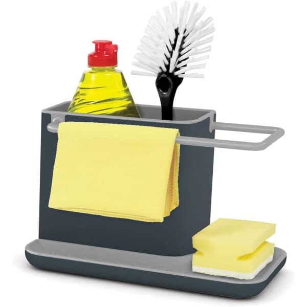 Sink storage/organizer with integrated drain, holder for sponge, brush, dish soap and dishcloth, removable, standard size, grey-FS-