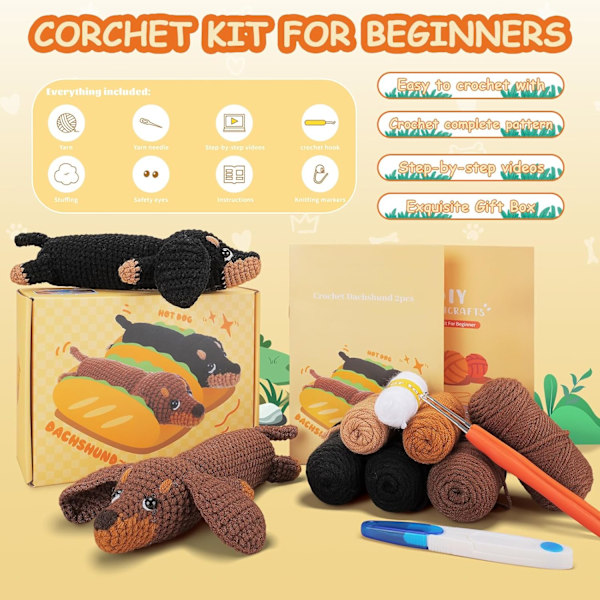 Crochet Kit för Nybörjare, Virkad Djur-Kit Komplett Tax Hund Virkning med Garn Krokar Nålar, Steg-för-steg Videoinstruktioner-X45-