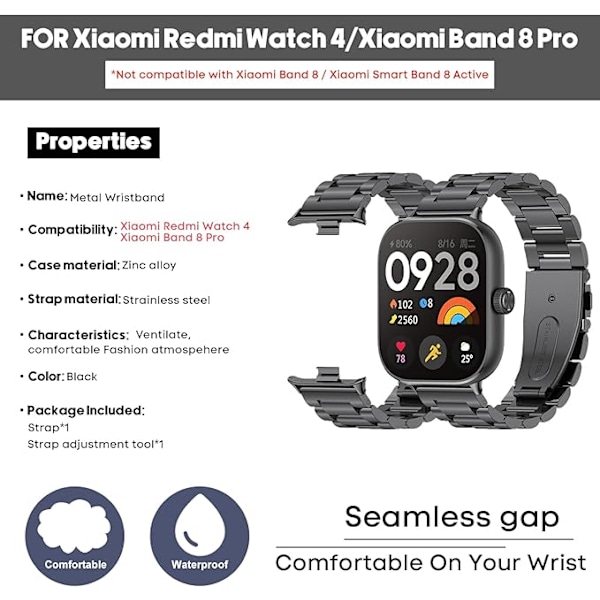 Yhteensopiva ranneke Xiaomi Redmi Watch 4 / Xiaomi Mi Band 8 Pro -kelloille, ruostumattomasta teräksestä valmistettu vaihdettava ranneke säädettävällä soljella.