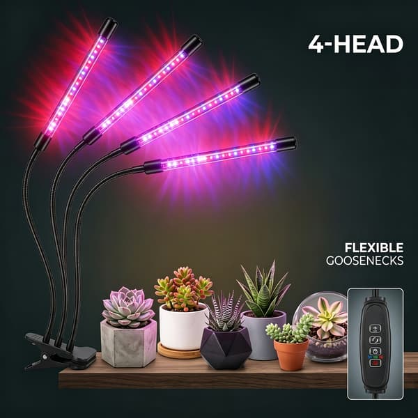 Full Spectrum LED Växtlampa för Inomhusbruk med Timer Dimbar Clip-4 Tubes Purple