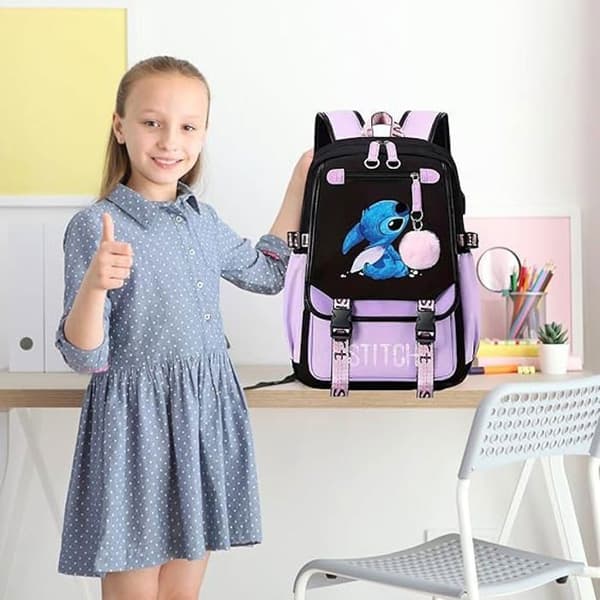 Purple Stitch Backpack for Kids & Teens – School Backpack with 2 USB Ports-FS-