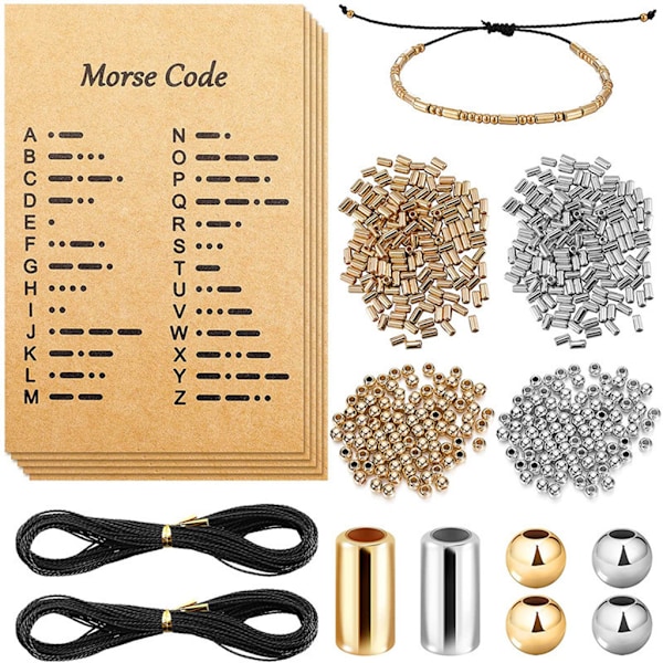 Runda distanspärlor Långa rör distanspärlor Manuellt justerbart armband Halsband Morsekod avkodningskort set Gold 0.09