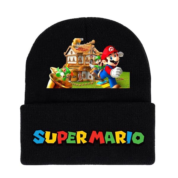 Super Mario Bros Tryckt Stickad Mössa för Män Kvinnor Unisex Vinter Varma Manschett Mössa D