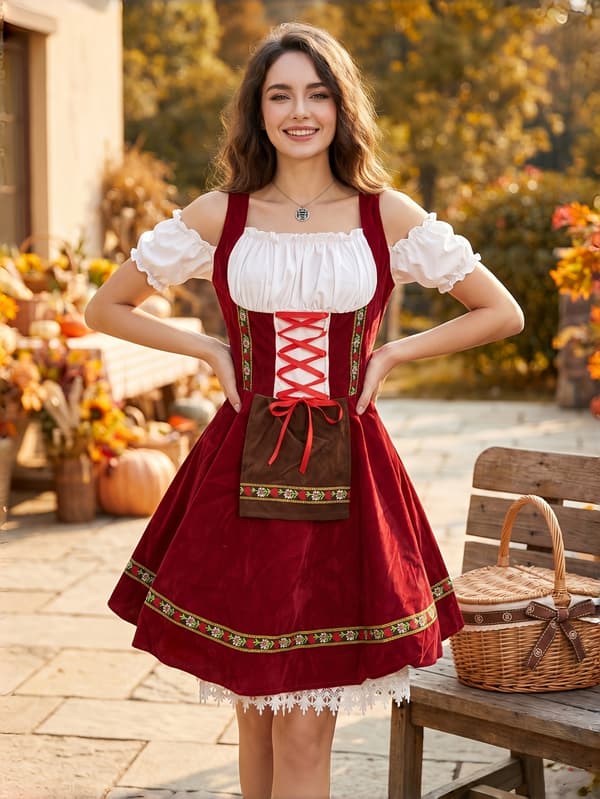 Dame Dirndl Kjole Oktoberfest Bayersk Kostume til Festival og Karneval S Red