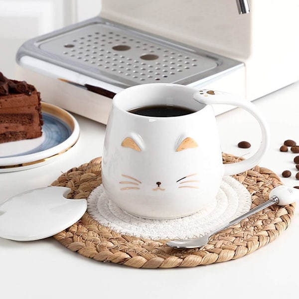 Keramisk kaffemugg för hemmet med rostfri sked - Kattdesign