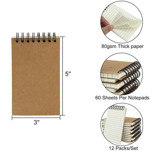 Spiralnotatbok - 12 stk. lommebok - 3x5 tommer - 60 sider - Metallspiralbinding - Perforering