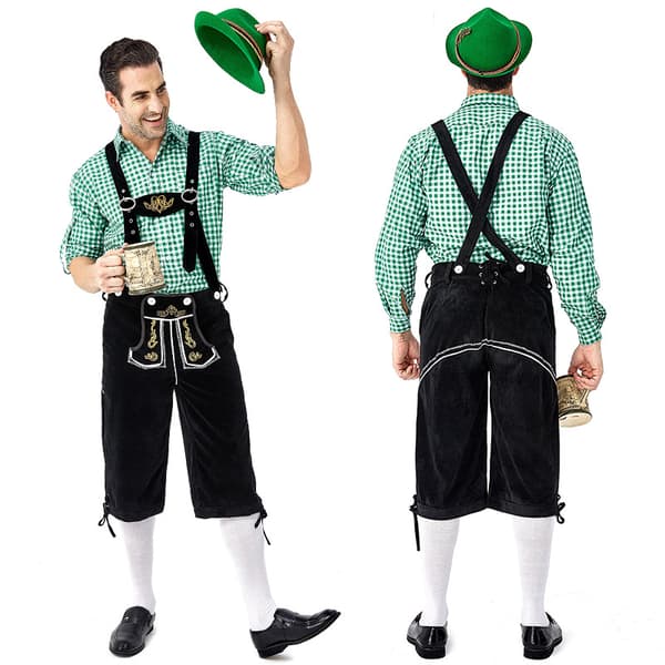 Tysk Oktoberfest Kostume Mænd | Ternede Skjorte med Broderede Seler & Hat*Grøn hat*M Grøn hat Grøn hat