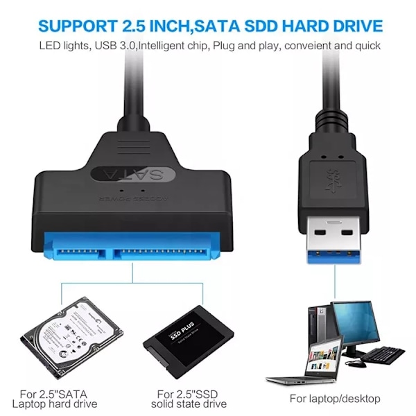 SATA til USB 3.0 adapterkabel, 2,5 tommer, 6Gbps, 25cm