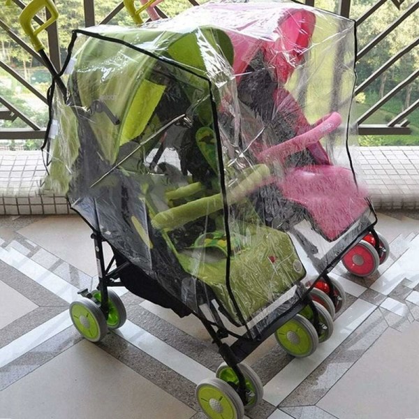 Universell sid-vid-sid tvillingbarnvagnsregnskydd genomskinlig PVC damm- och vindskydd för dubbel barnvagn