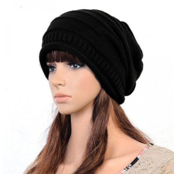 Kvinne Strikket Slapp Hatt Beanie Vinter Skilue - stock-FS1- Black