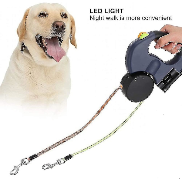 Dubbelt infällbart hundkoppel med två 3 meter långa linor 360 Trasselfritt dubbelkoppel för hundpromenader med två hundar upp till 22,7 kg, grått