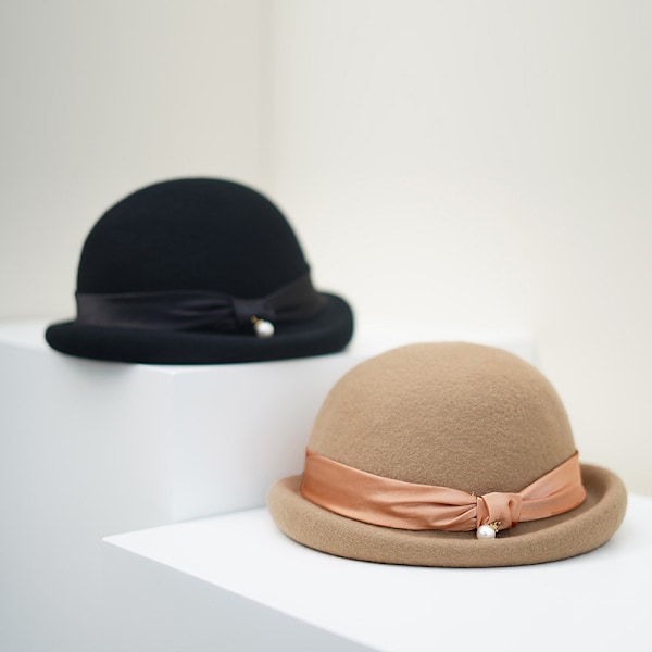 Melon bowlerhat Rund melonhat til voksne 1 filthat til kvinder Vintage stil top hat melon bowlerhat Præsentator til piger