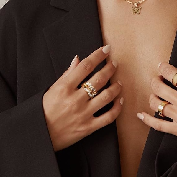 Guldring til kvinder, 14K guldbelagt justerbar åben chunky fingerring snoet båndring delikat kubisk zirkonia smykker gaver
