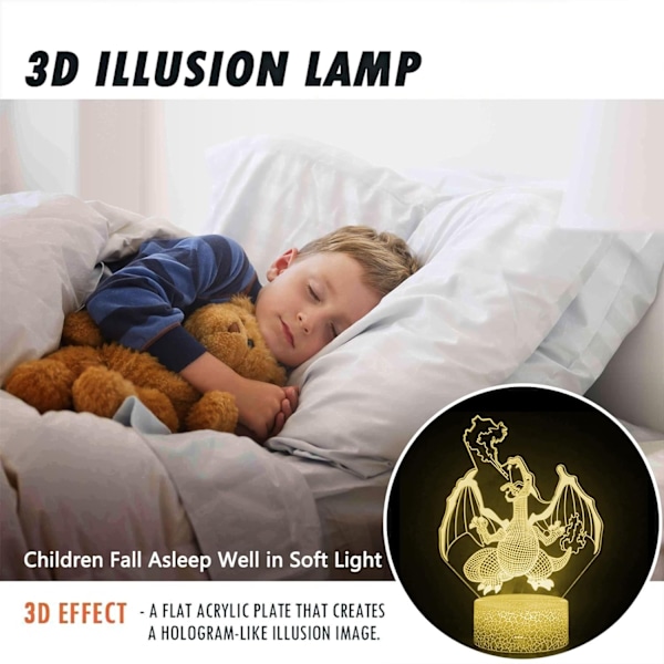 WJ 3D Illusion Natlampe Drage LED Bordlampe med Fjernbetjening 16 Farveændringer til Hjemindretning Fødselsdag - WELLNGS eldsprutande drake