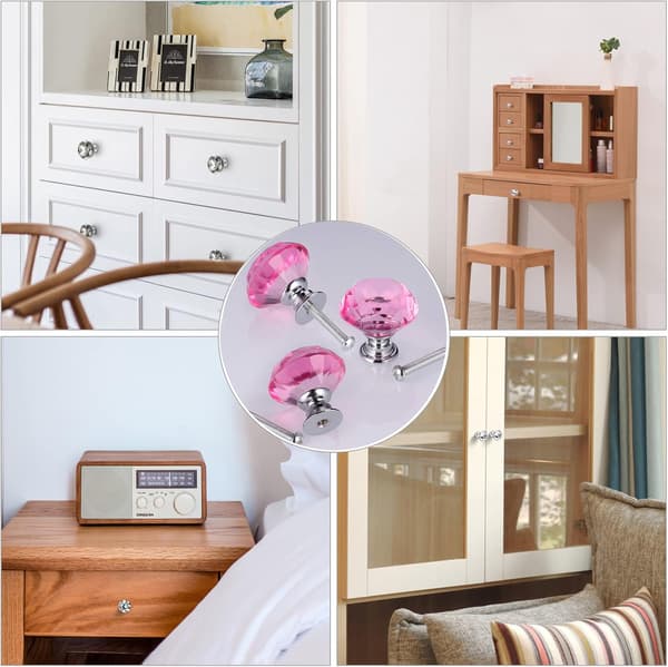 6 st Crystal Door Knobs, Drawer Knobs, Diamond Knobs with Screws for Home, Kitchen, Office, Drawer Decoration, Pink, 30mm-FS-