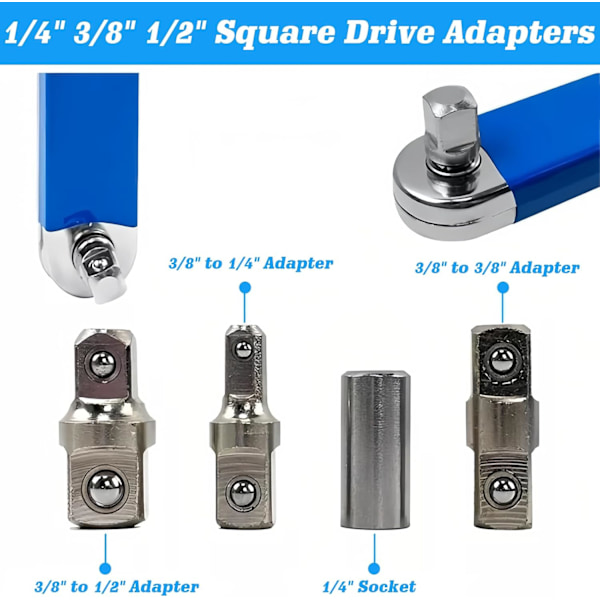 Offset-jatkoavain 1/2\", 1/4\" ja 3/8\" adaptereilla, monipuolinen nolla-offset-jatkoavain auto- ja kodinkorjauksiin