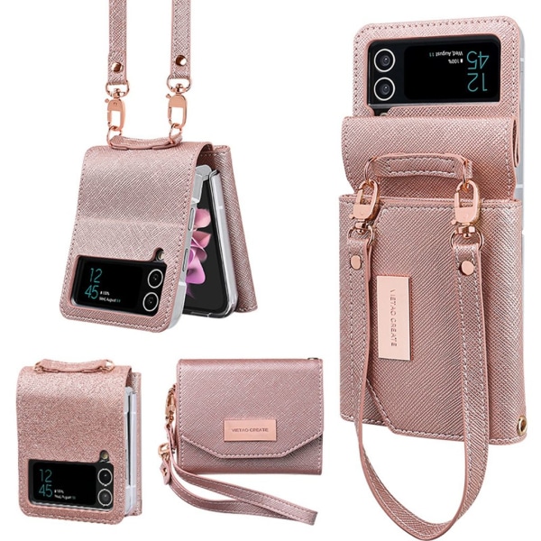 För Samsung GalaxyZFlip4 Mobilfodral med Handledsrem[Kortplats]Fashion WalletPhone, Premium Shockproof FlipCase, Anti-fallPhone Cover for GalaxyZFlip4 Case-Pink