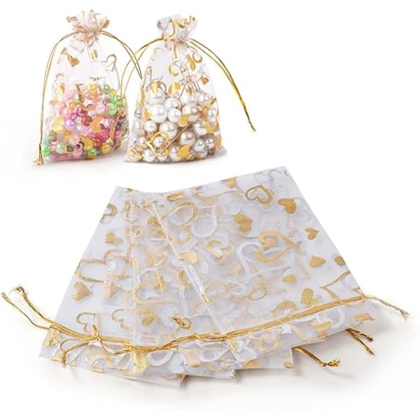 105 stk Organzaposer, 10 x 15 cm Hvidt Hjertemønster Organza Gaveposer med Snøre, Smykkeposer Lavendelposer Slikposer Bryllupsgaver