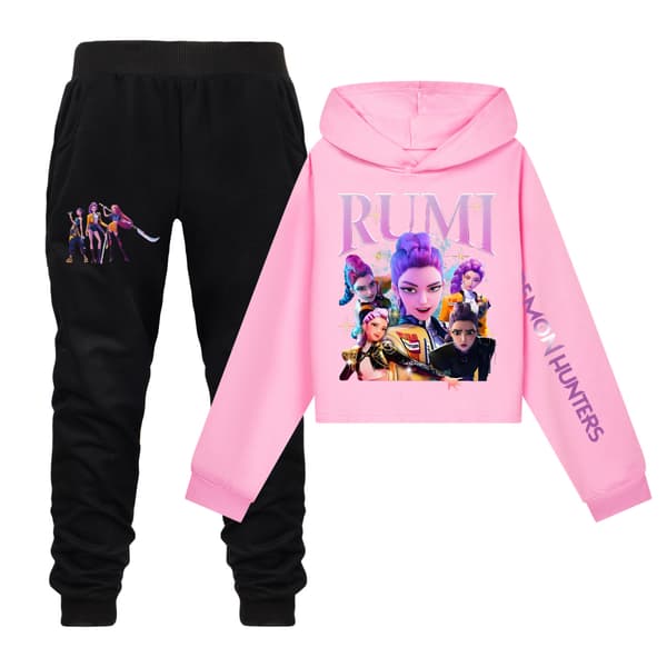 KPOP Demon Hunter Jenter Cropped Hettegenser og Skjørt Sett Rosa Sett Rosa X Sett Rosa X