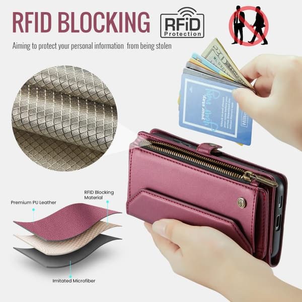 Samsung Galaxy S26 5G Case with Card Slot, Zipper Wallet, RFID Protective Leather Röd
