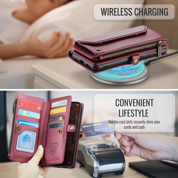 Samsung Galaxy S26 5G Case with Card Slot, Zipper Wallet, RFID Protective Leather Röd