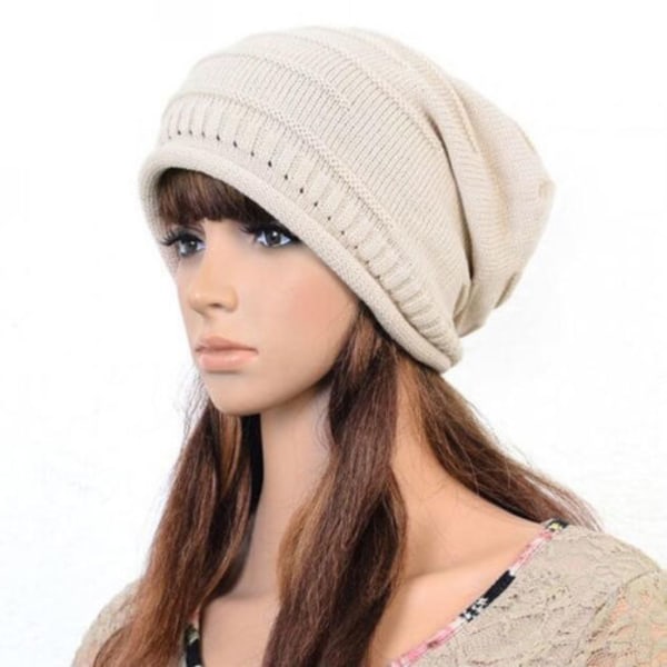 Kvinne Strikket Slapp Hatt Beanie Vinter Skilue - stock-FS1- Beige