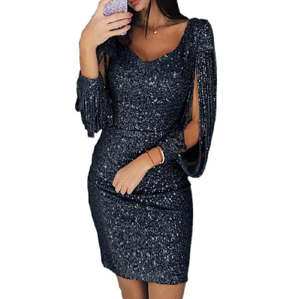 Paljettkjole for kvinner, glitrende, sexy, dyp V-hals, kort kjole, knelengde, lang kjole med duskermer, svart Black Black 4XL